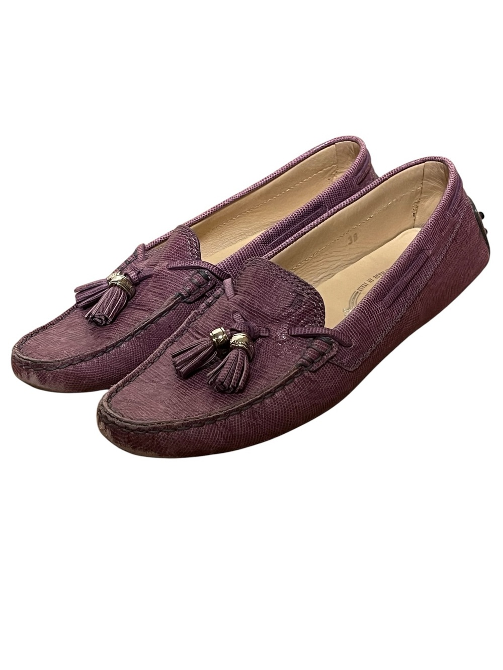 Tod's Gommino purple lizard-embossed leather tassel driving loafer moccasins 38 - Picture 7 of 16